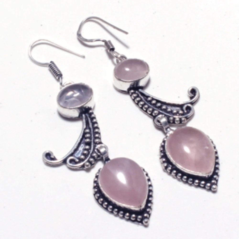 Genuine Rose Quartz Silver Overlay on Copper Earrings Hand made Women Jewelry Gift E5327 | Украшения и аксессуары