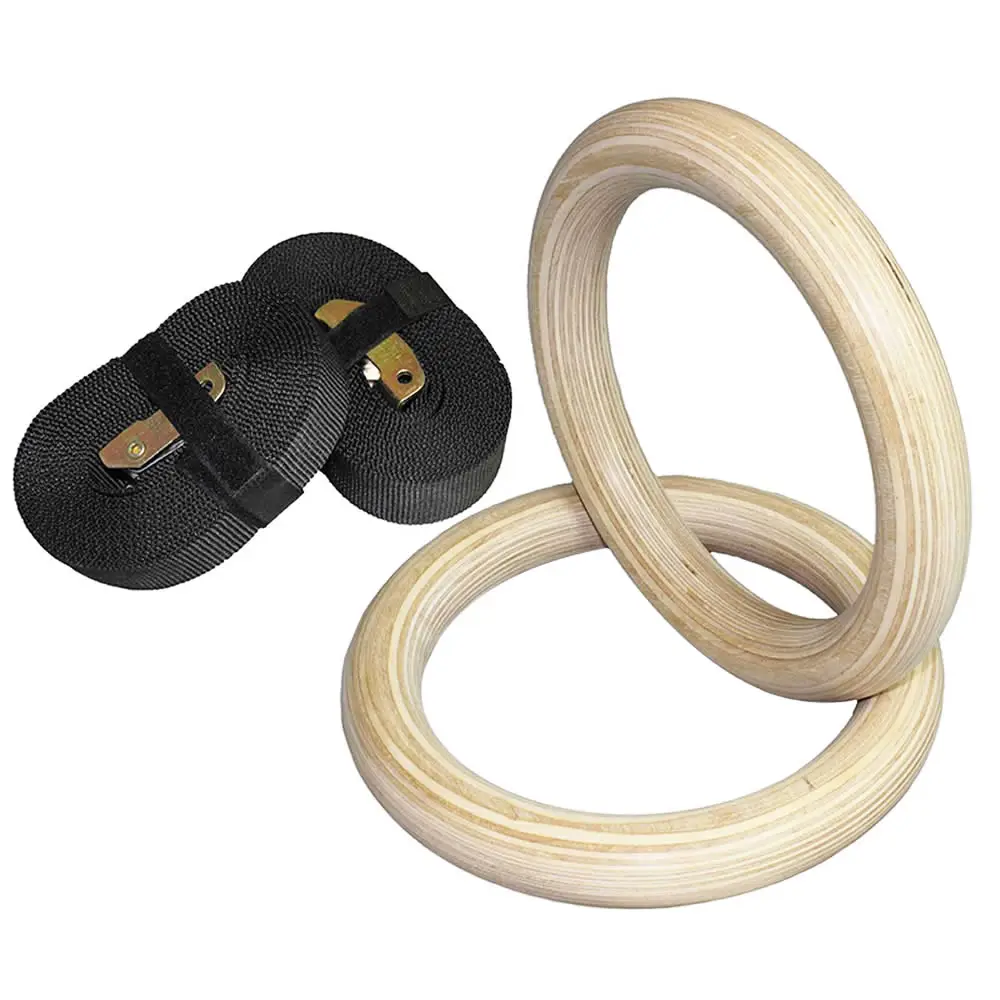 1 Pair Birch Wood Gymnastic Rings Pull Up GYM Ring for Home Fitness Strength Training. 2.8cm*4.5m Adjustable Straps for Optional
