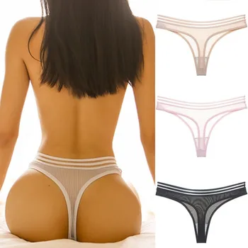 

Sexy Lingerie Fashion Transparent Stripe Cutout Panties Women's Ice Silk Low Waist Briefs Seamless Thong Underwear