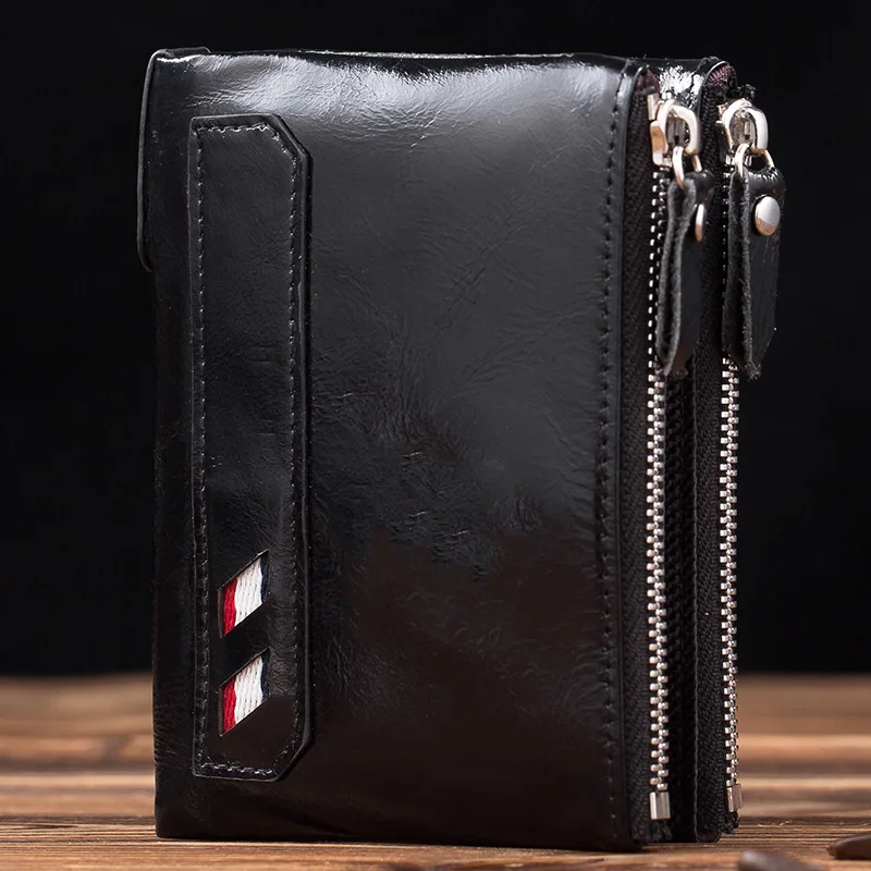

AliExpress Hot Selling MEN'S Wallet Short Genuine Leather Retro Zipper Oil Wax Cow Leather Wallet