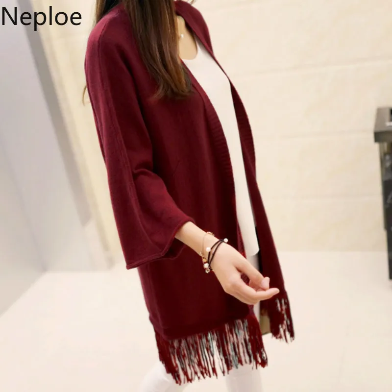 Neploe Korean Crazy Style Loose Wild Cardigan Feminino V Neck Tassel Min Long Knit Sweater Simple Sueter Mujer Invierno 45958