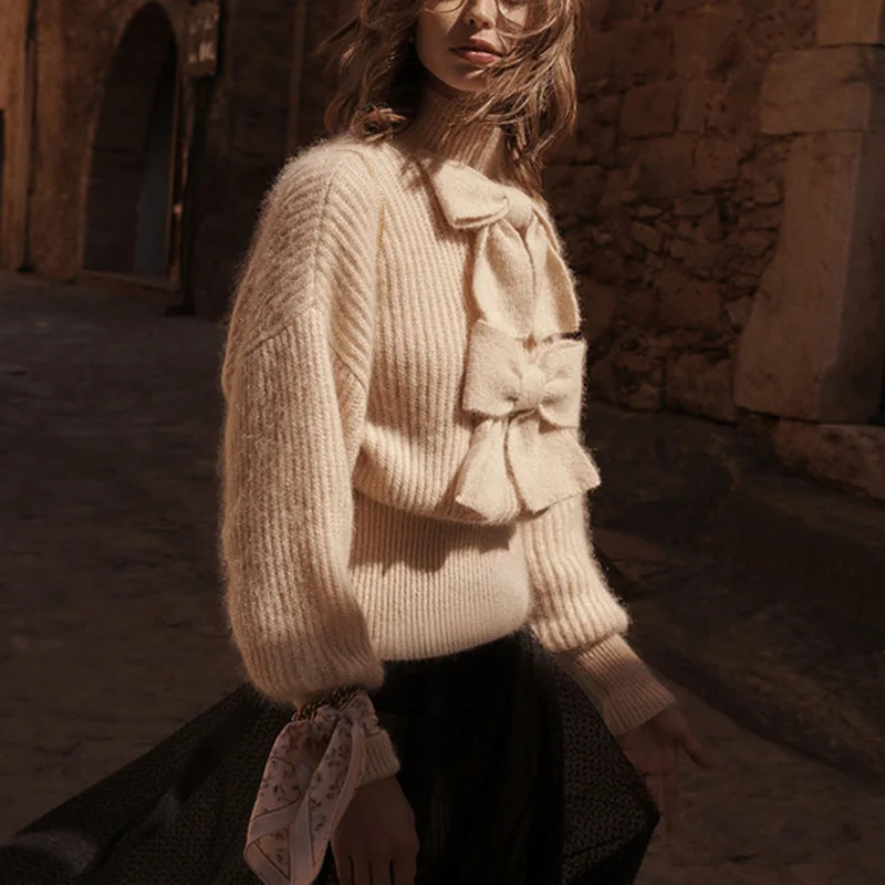 Ordifree уличная Женская трикотажная кофта пуловер с бантом женский свитер с воротником-стойкой джемпер Pull Femme