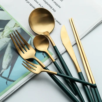 

6 Pcs Luxury Tableware Stainless Gold Green Metal Western Cutlery Set Steak Knife Fork Reusable Kitchen Home Dinnerware MM60CJ