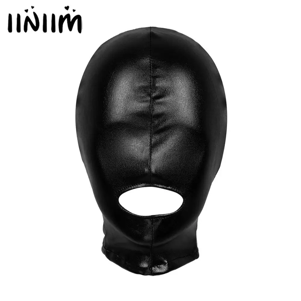 

iiniim Men Women Latex Shiny Metallic Open Mouth Hole Headgear Full Face Mask Hood for Role Play Masquerade Costume Clubwear