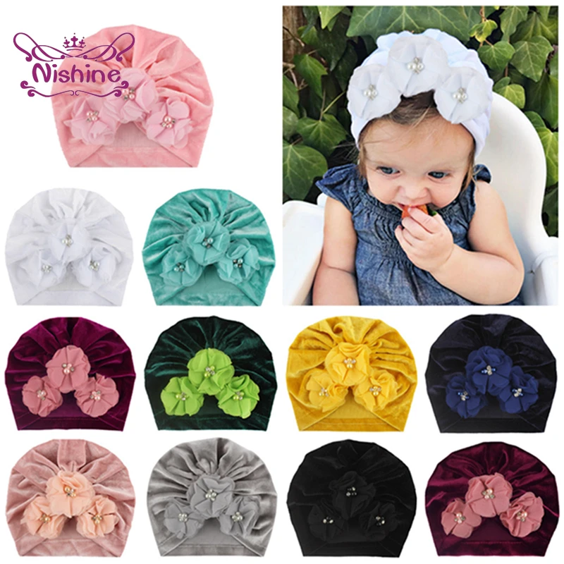 

Nishine 18*17 CM Newborn Infant Soft Velvet Indian Hats Fashion Hand Sewn Beads Sun Flower Caps Baby Warm Headwear 11 Colors