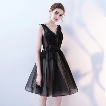 

New Exquisite Appliques Evening Dress Black Party Prom Dress Lady Mesh Ball Gown Elegant Mini V-Neck Qipao Robe De Soiree