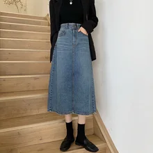 

Denim Midi Dress for Young Women 2022 Autumn Winter Retro Jeans Skirt Mid-Length High Waist Long Skirt with Pocket SXHBSQ617
