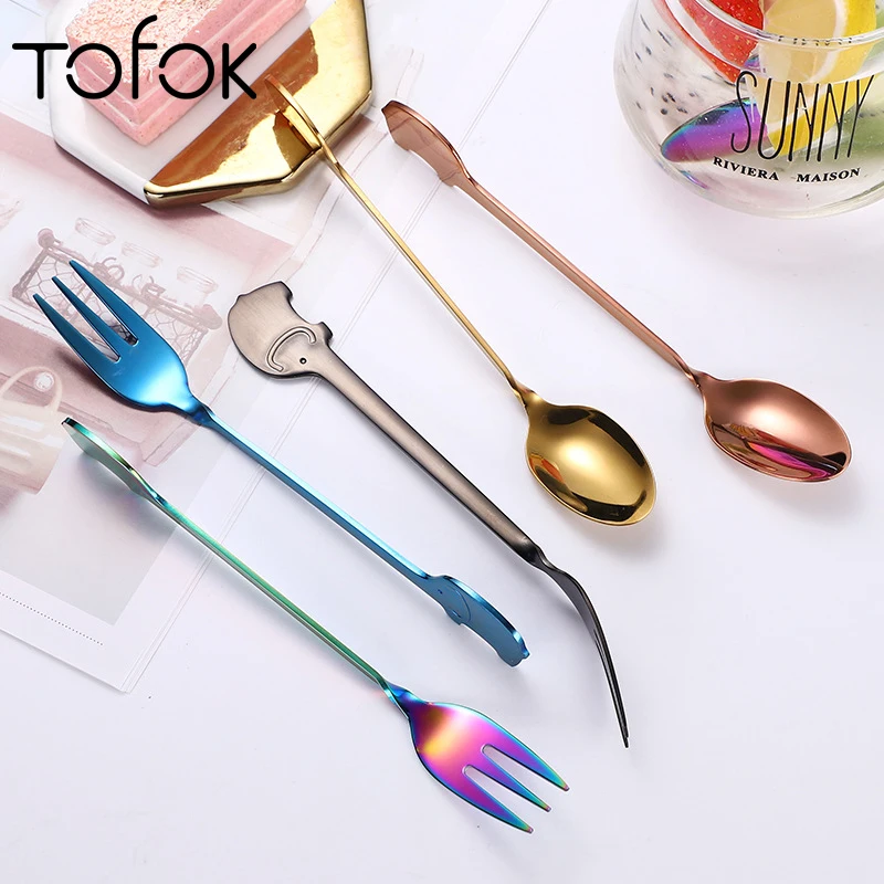 Tofok из нержавеющей стали, в виде слона, ложки, вилки, Кофе Чай перемешать Scpoon Десертная Вилка для салата столовые приборы Открытый Кемпинг Пикник посуда