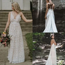 

Bohemian A Line Full Lace Wedding Dresses Bridal Gowns Deep V Neck Sleeveless Country Style Boho Vestidos De Novia