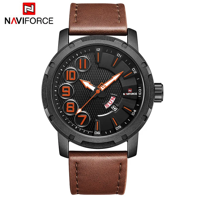 Black Orange NAVIFORCE Лидирующий бренд мужские спортивные часы мужские Уникальные Роскошные Кварцевые часы с датой мужские кожаные армейские военные водонепроницаемые наручные часы - Цвет: Black Orange