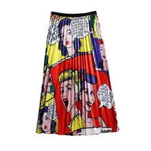 Harajuku комикс девушка печать мультфильм плиссированная юбка Elegante Boho Saia Миди школьная Готическая атласная юбка Jupe Plissee Femme осень