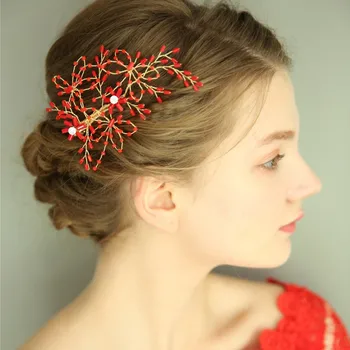 

NPASON Red Beads Metal Crystal Rhinestone Bridal Hair Decoration Wedding Hair Clip Wholesale