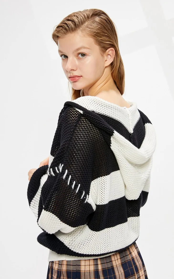 Vero Moda женский свободный крой с капюшоном широкая полоса хлопок свитер вязаный Топ | 319313574
