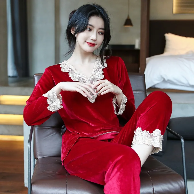 2021 Lace Pajamas for Women Comfortable Skin-friendly Long-sleeved Trousers Home Service Suit Pajamas Set Sleepwear пижама
