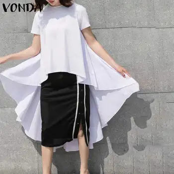 

VONDA Summer Blouses 2020 Women Casual O Neck Short Sleeve Asymmetric Shirts Plus Size Solid Color Bohemian Tops Femme Blusas