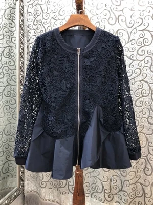 blue Куртки высокого качества осенние модные топы пальто кардиган Женская открытая кружевная Лоскутная Вышивка пальто с длинными рукавами на молнии - Цвет: blue