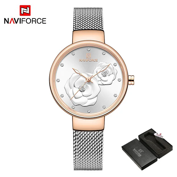 NAVIFORCE женские наручные часы Роскошный Кристалл стильный двойной цветок Циферблат Дамы браслет кварцевые часы модные наручные часы - Цвет: SilverWhiteWithBox