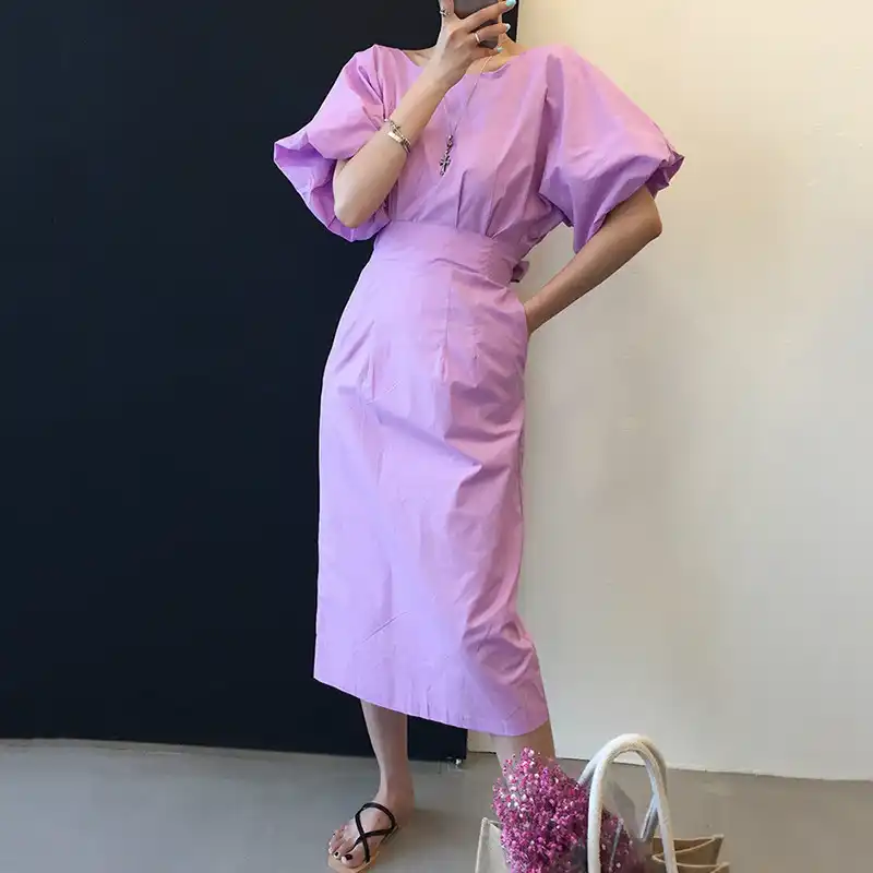 elegant plain lantern sleeve round neck maxi dress