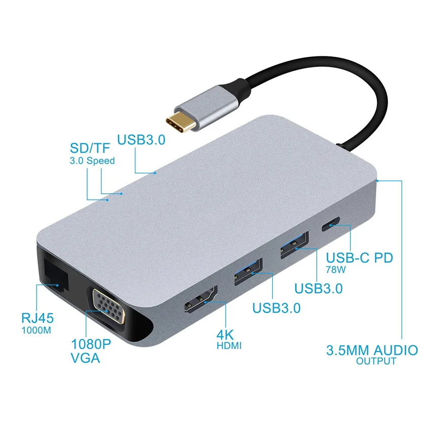 Тип c до VGA HDMI USB HUB Кабель-Переходник USB C на RJ45 SD TF карты с 3,5 мм гнездо для наушников и PD зарядный порт мульти-Многофункциональный преобразователь
