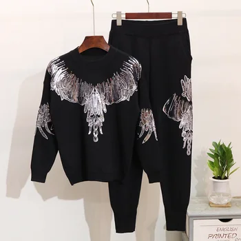 

High Quality Knitted Set Female Loose Tracksuit Autumn Winter Embroidery Sequin Sweater Long Pencil Pants 2pc Women Sets Outfits