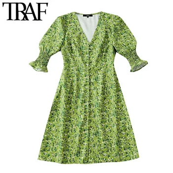 

TRAF Women Chic Fashion Floral Print Buttons Mini Dress Vintage V Neck Short Sleeve Beach Female Dresses Vestidos Mujer