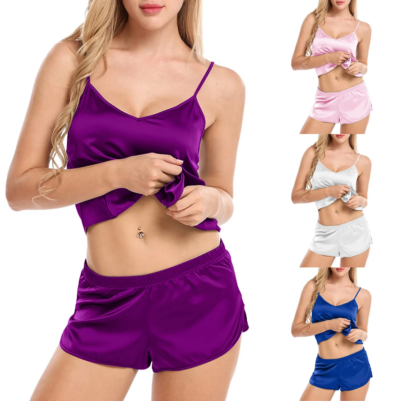 Women Summer Sleepwear Sexy Pajamas Set Solid Color Satin Silk Homewear