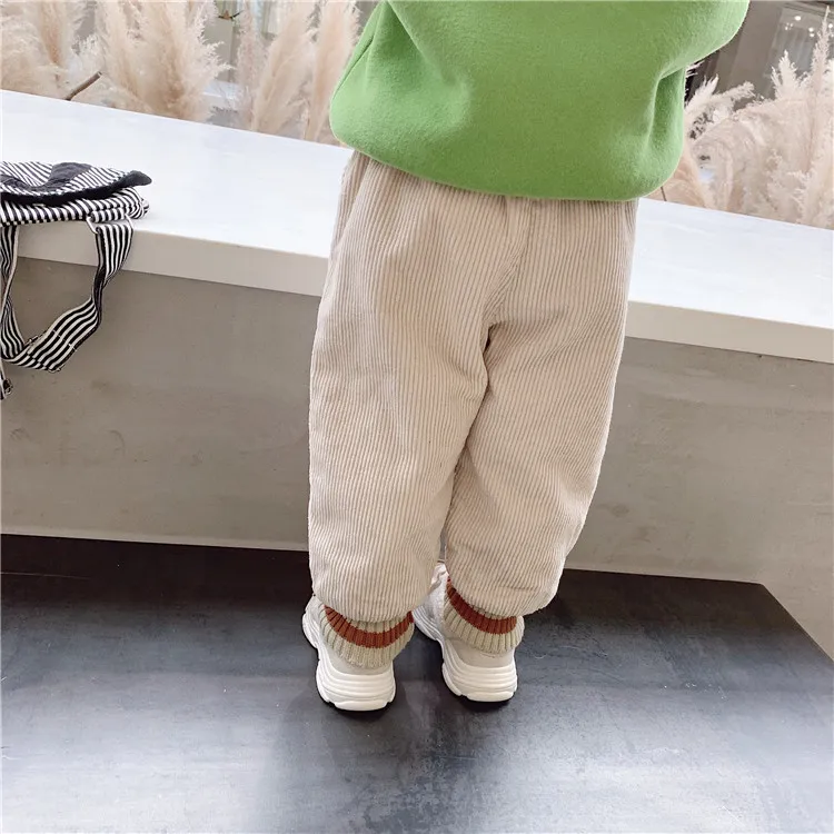 Зимние простые однотонные Универсальные леггинсы, штаны для маленьких девочек и мальчиков, флисовые плотные повседневные вельветовые штаны для маленьких девочек