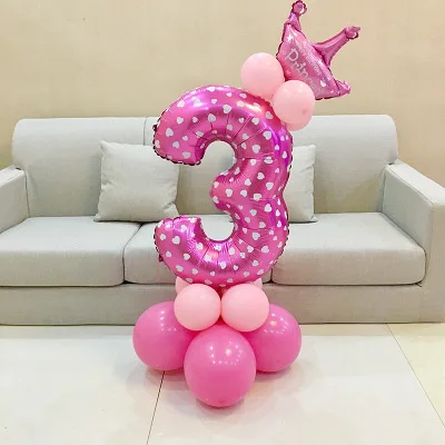 1 комплект, синие, розовые воздушные шары, фольгированный шар с цифрами, уплотненный латексный шар с короной, для празднования дня рождения, украшения для детской вечеринки - Цвет: Pink 3