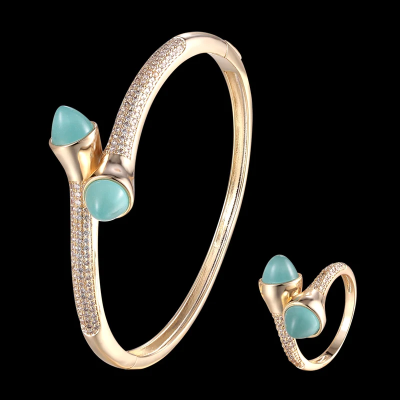 Zlxgirl brand copper full micro pave setting zircon love's bangle with ring jewelry set classic bracelet accessory - Окраска металла: gold blue