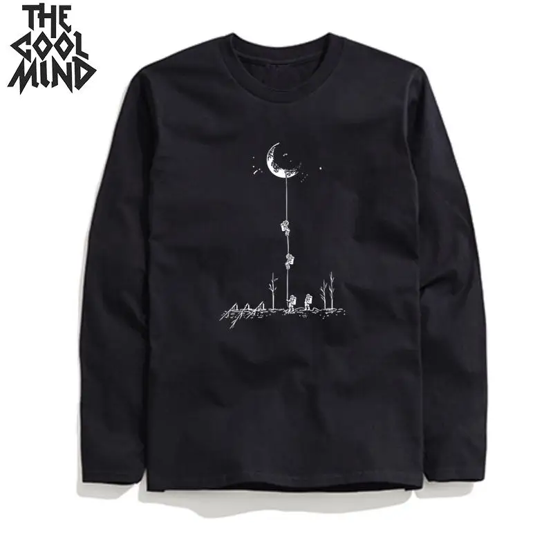 MO0119CML-BLK COOLMIND, хлопок, длинный рукав, вязанная на Луне, принт, Мужская футболка, повседневная, Круглый ворот, свободная, Мужская футболка, крутая футболка, Мужская футболка - Цвет: MO0119CML-BLK