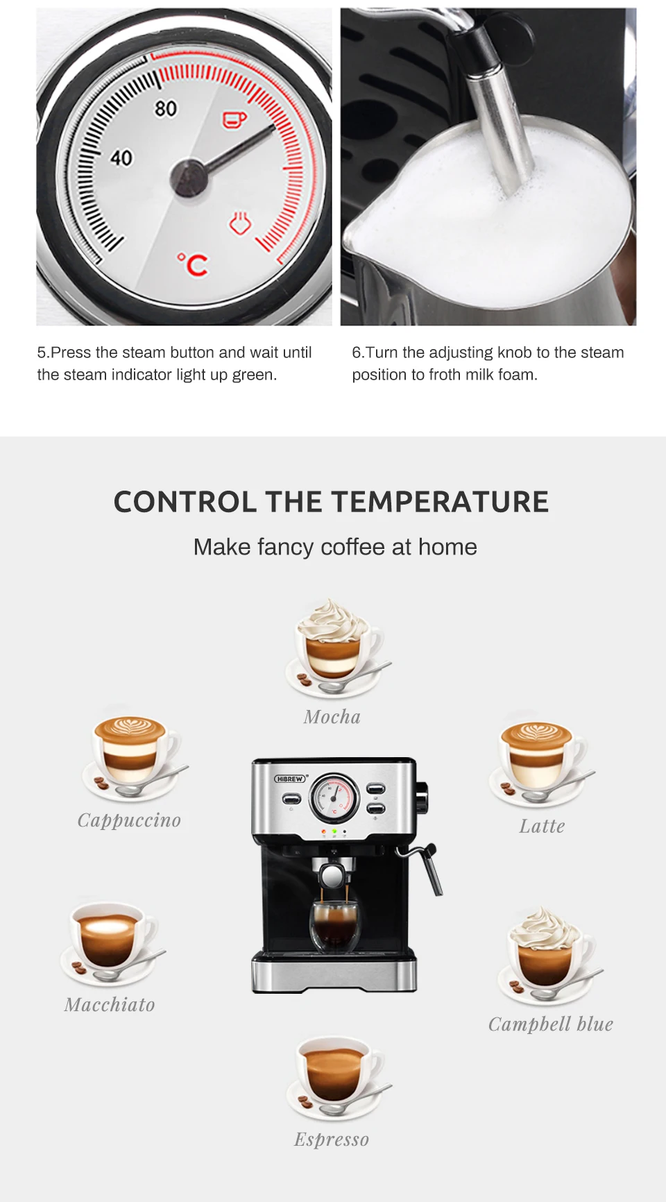 HiBREW 20 Bar Espresso inox Semi Automatic Coffee Machine Cafetera H5