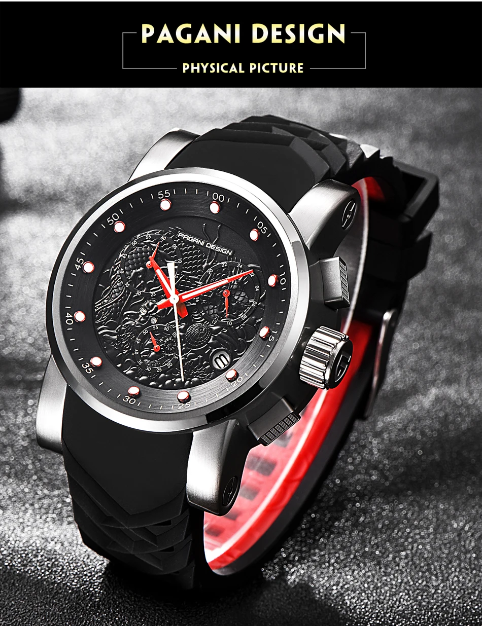 Top Brand Hot Men Quartz Watch PAGANI DESIGN Chinese Dragon Calendar Silicone Strap Multifunction Chronograph Waterproof Watch