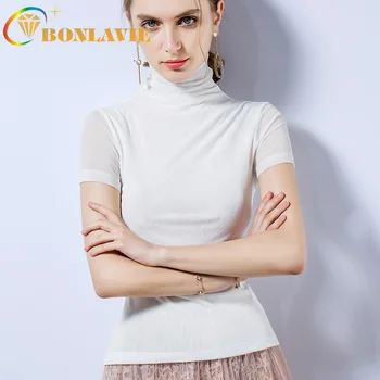

Women's Turtleneck Short-sleeved T-shirt Summer New Solid Color Net Yarn New Pure-color Tights 2019 Apricot Women Fashion Tops