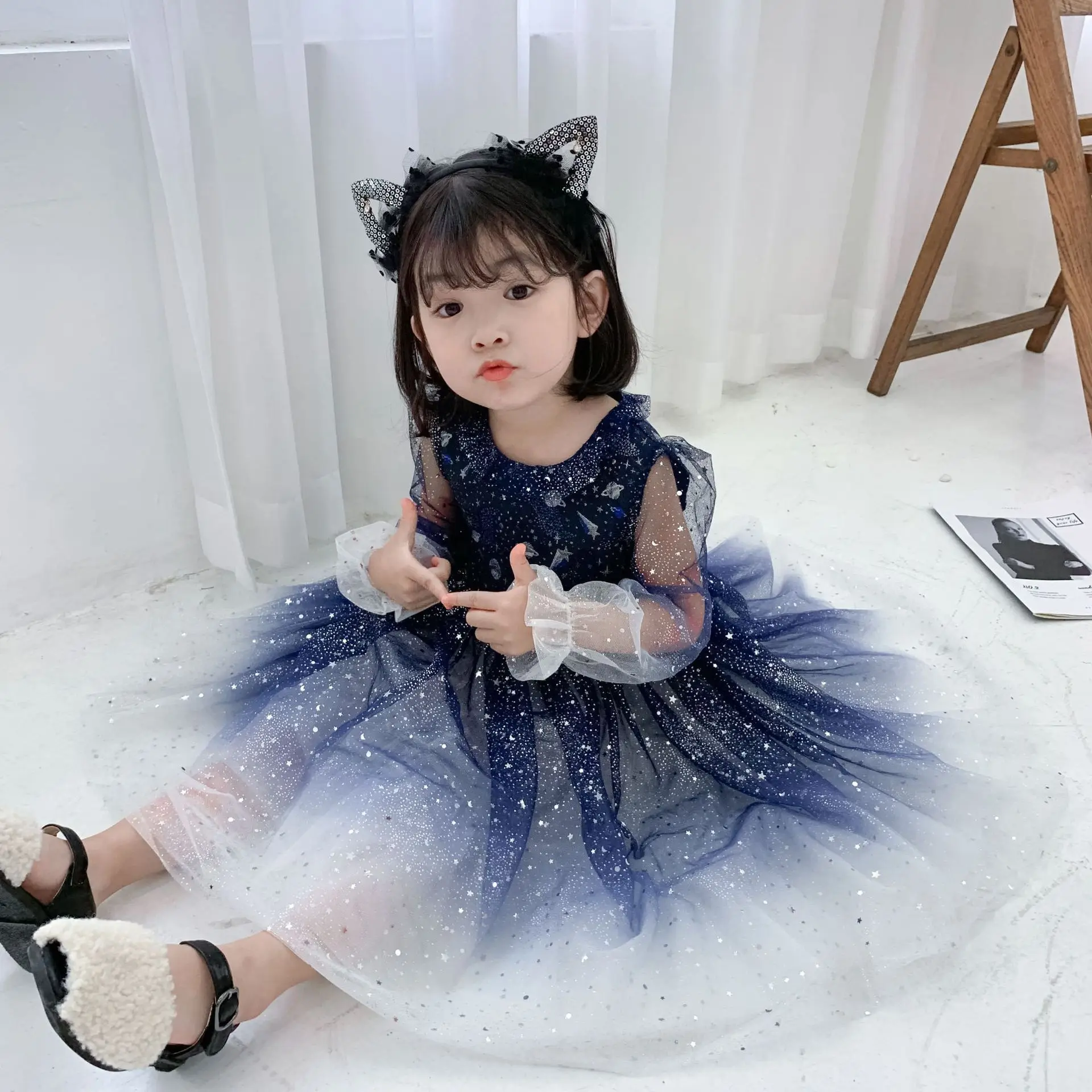 

New Korean style autumn long-sleeved Temperament starry gradient fairy tale organza dress for girls
