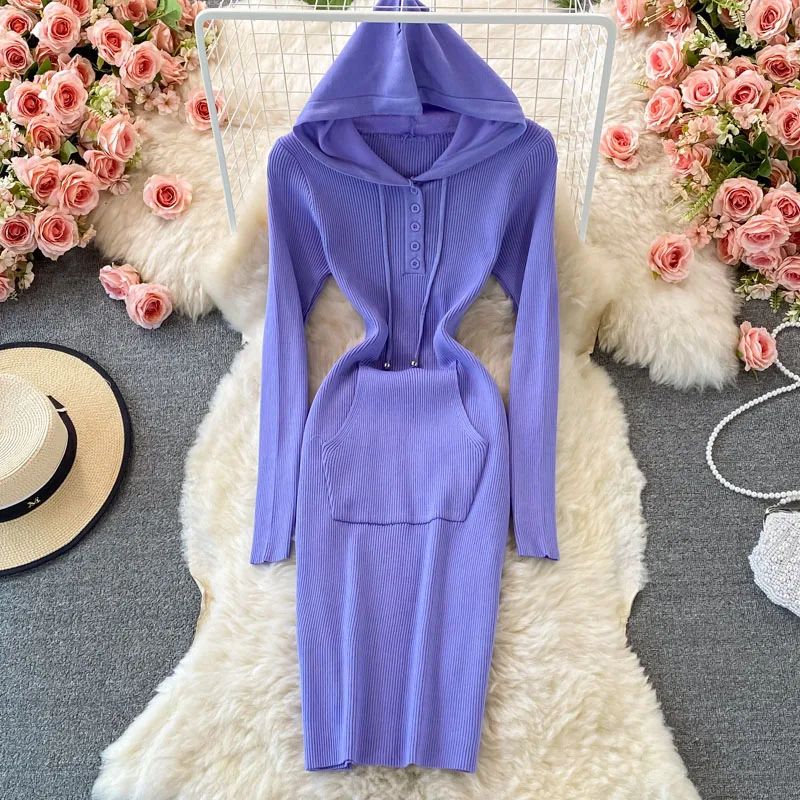 

Women Hooded Zipper Knit Dress Long Sleeve Simple Solid Slim Bodycon Dress spring autumn winter Warm Elastic Sweater Dress
