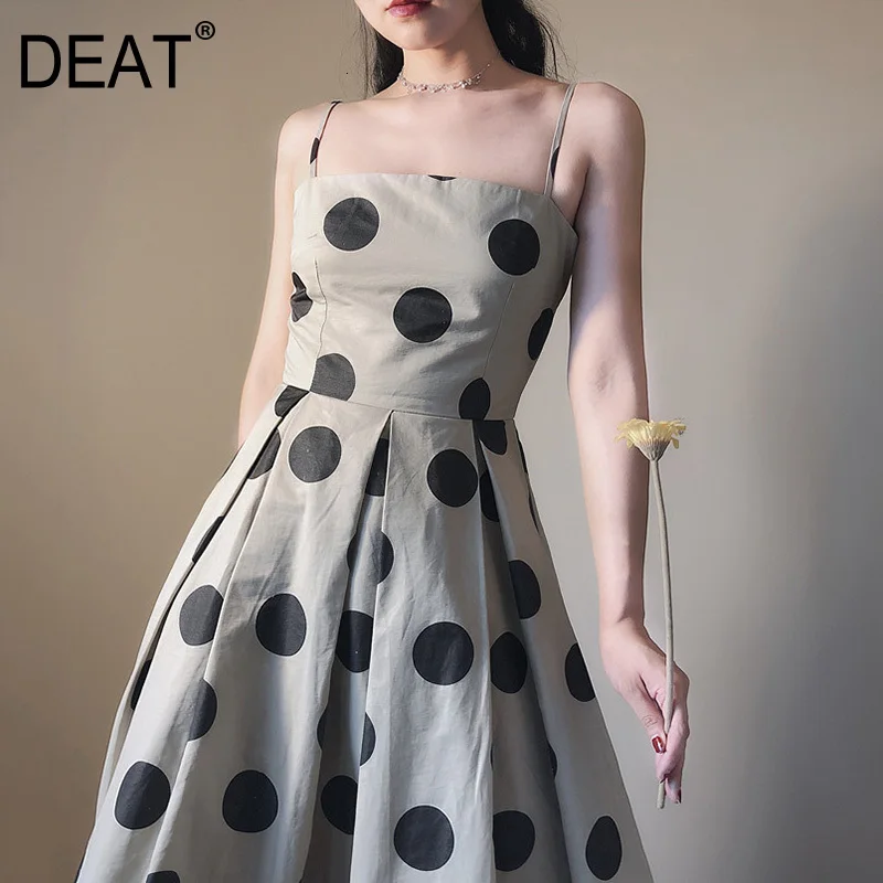 [DEAT] New Casual Women Summer Dress Elegant Khaki Black Dot Pattern Sleeveless Strapless Spaghetti Strap Long Dresses NA738