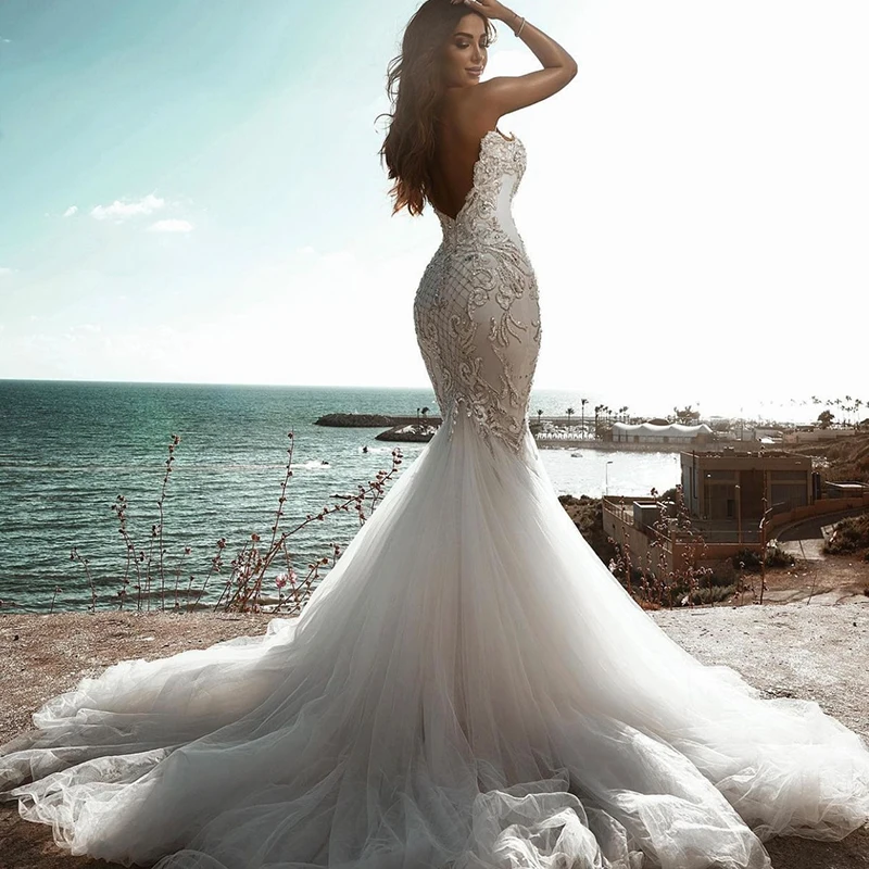 Luxury Mermaid Wedding Dress Sexy Silky Organza With Beading Sheath-column Strapless Sleeveless Wedding Gowns Robes De Mariée