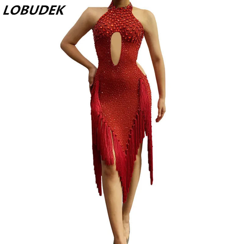 

Adult Women Latin Modern Dance Competition Red Tassel Rhinestones Dress Bar Nightclub DJ Dancer Singer Stage Performance Wear