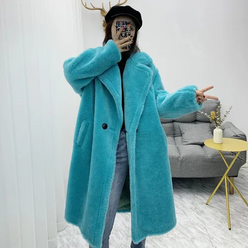 Turquoise Высококачественная модная Роскошная теплая плюшевая шуба из натурального меха ягненка, утолщенная свободная мешковатая непродуваемая женская одежда зима - Цвет: Turquoise