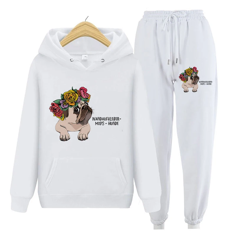

Women Two Pieces Set Winter Pocket Korean Style Hooded Sweatshirt And Jogging Pants Sets Cute Pug Dog Print Matching Tracksuit