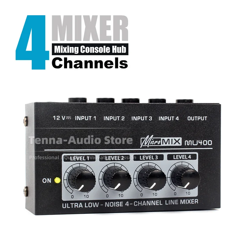 

4 Channels Audio Mixer Guitar Bass Musical Intrument Combiner Mixing Console Sound Desk Microphone 6.3 6.35 mm AUX Line In Hub