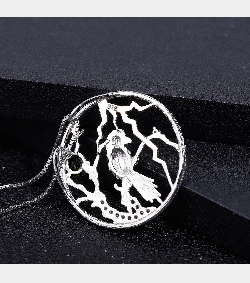 GEM'S BALLET 925 Sterling Silver Natural Chrome Diopside Bird on the Tree Handmade Pendant Necklace For Women Halloween Jewelry