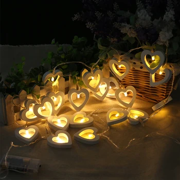 

10LED Home Decor For Bedroom Festival Bar Wedding Party Fairy Lights Pendant Lamp Battery Powered Wooden Heart Indoor Outdoor