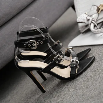 

Women's sandals pointed toe rivet buckle strap stilettos high heels pump thin heel 2020 peep toed party dress woman shoes summer