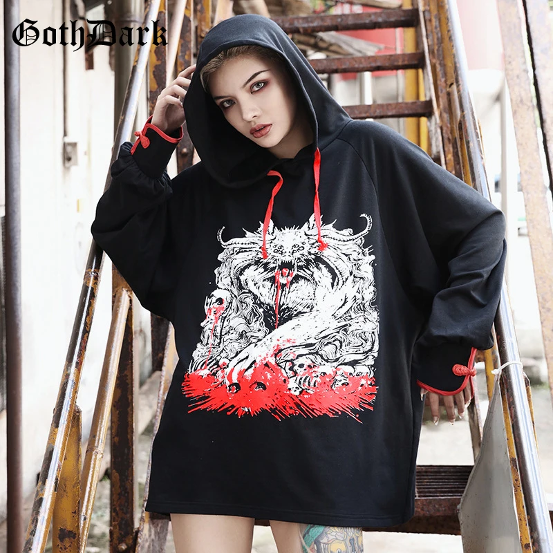 Goth Dark Print Loose Grunge Punk Gothic Sweatshirt Harajuku Autumn Hoodies Longsleeve Aesthetic Strap Fashion Patchwork