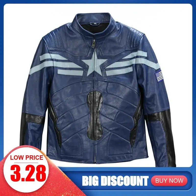 

2020 Blue Men American Style Short Biker's Leather Jacket Large Size XXXXL Genuine Cowhide Autumn Slim Fit Motorcycle Coat