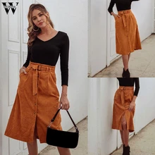 Womail юбка простая Вельветовая юбка Женская Осенняя винтажная Харадзюку женские миди юбки элегантные с высокой талией и поясом женские юбки N20