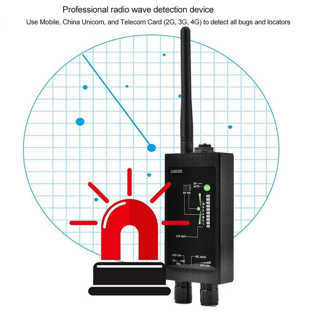 M8000 Radio Anti-Spy Detector GSM RF Signal Auto Tracker Detectors GPS Tracker Finder Bug with Long Magnetic LED Antenna