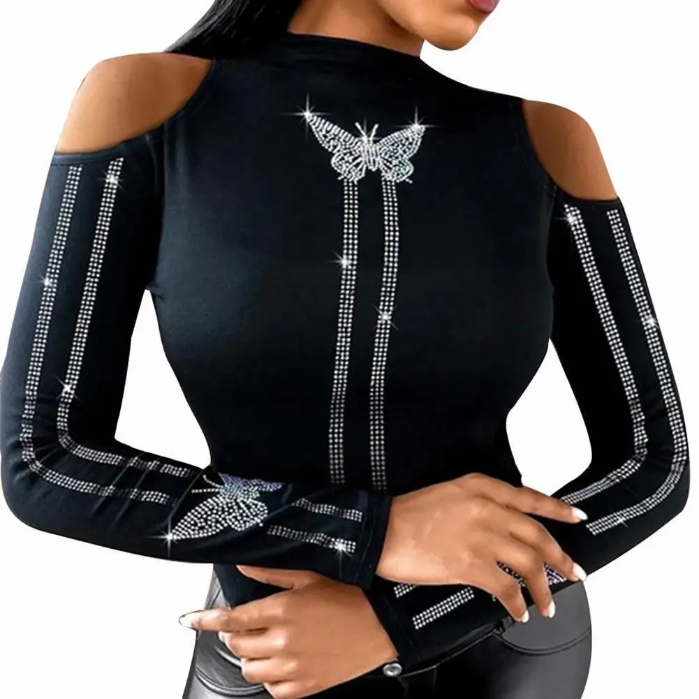 Woman Blouse Cold Shoulder Long Sleeve Cotton Blend Women Studded Butterfly Shirt for Spring Autumn Woman Clothes 1