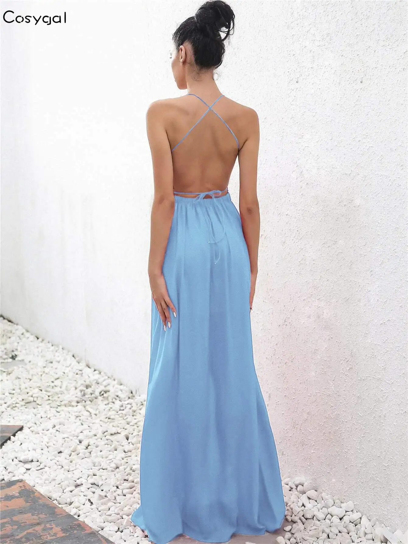 Joyfunear Crisscross Tied Backless Plunging Neck Split Thigh Dress